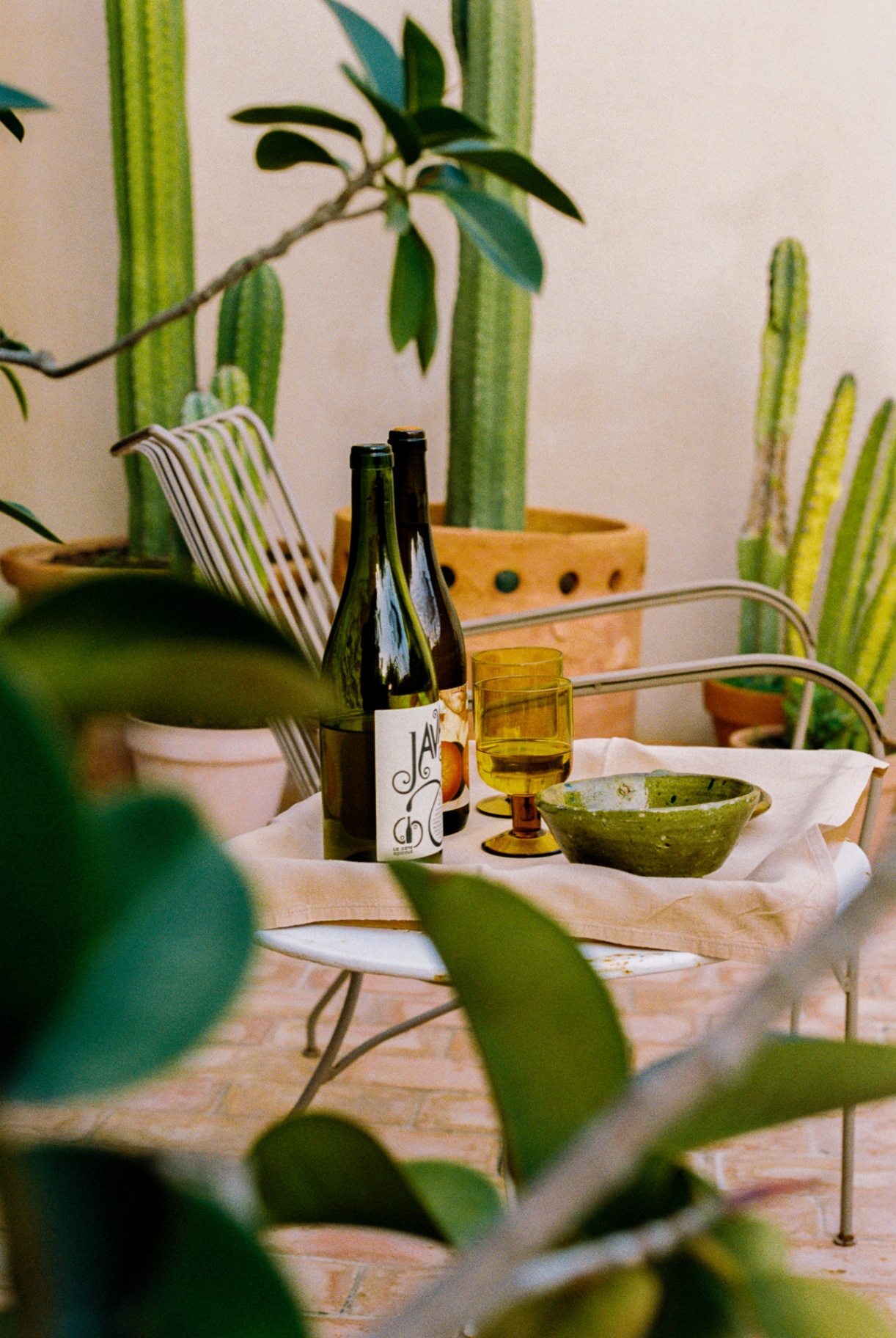 Natural wine and ceramics on a courtyard table among cacti